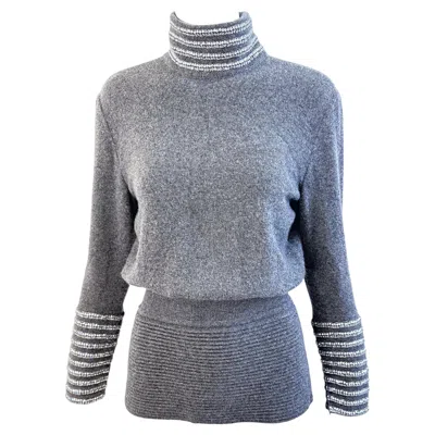 Pre-owned Valentino Vintage 1970s  Grey Soft Cashmere Silver Sequins 70s Turtleneck Sweater In Gray