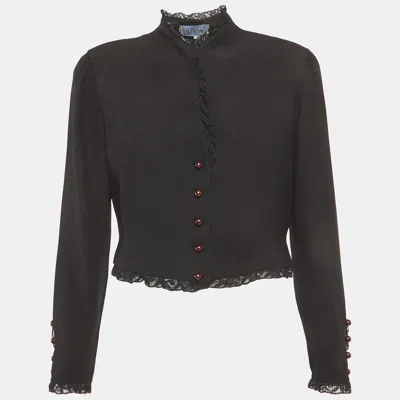Pre-owned Valentino Vintage Black Crepe Lace Trim Cropped Jacket Xl