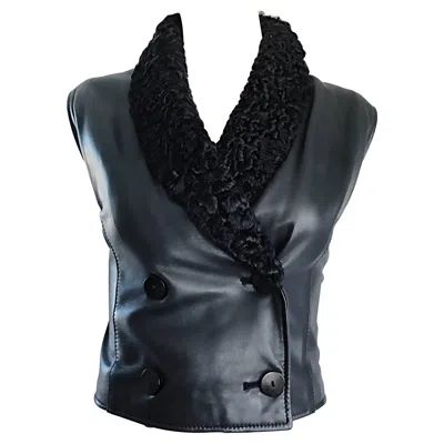 Pre-owned Valentino Vintage Black Leather + Persian Lamb Fur Double Breasted 1980s Vest