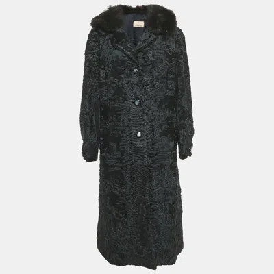 Pre-owned Valentino Vintage Black Real Fur Trim Collar Shearling Overcoat L