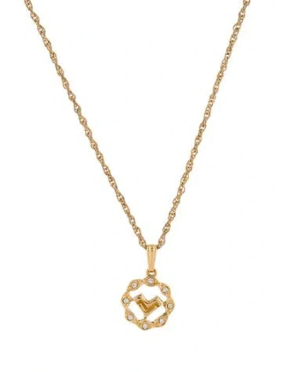Pre-owned Valentino Garavani Vintage Crystal V Logo Pendant Necklace, 18" In Multi