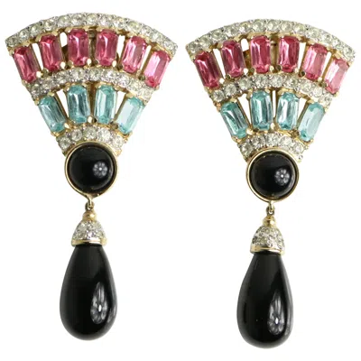 Pre-owned Valentino Garavani Valentino Vintage Gold Tone Turquoise / Pink Rhinestone Drop Clip On Earrings