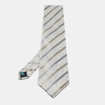 Pre-owned Valentino Garavani Vintage Grey Striped Paisley Pattern Jacquard Silk Tie