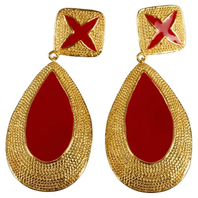 Pre-owned Valentino Garavani Vintage Massive Valentino Red Enamel Dangling Earrings