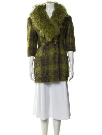 Pre-owned Valentino Vintage Plaid Print Faux Fur Coat In Green