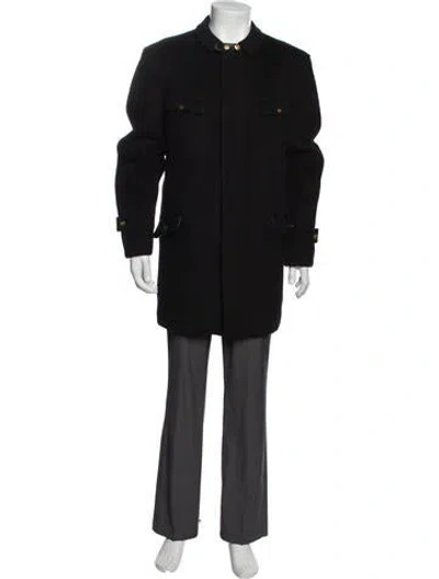 Pre-owned Valentino Vintage Uomo Leather Trim Overcoat In Black