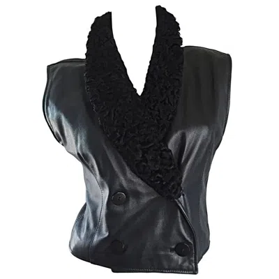 Pre-owned Valentino Vintage  Black Leather Double Breasted Vest W/ Persian Lamb Collar