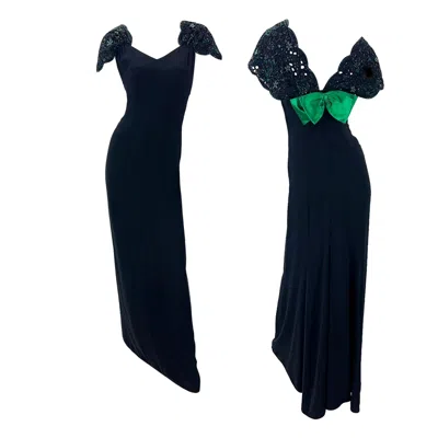 Pre-owned Valentino Vintage  Black Silk Embellished Lace Green Bow Dress Gown Us 8