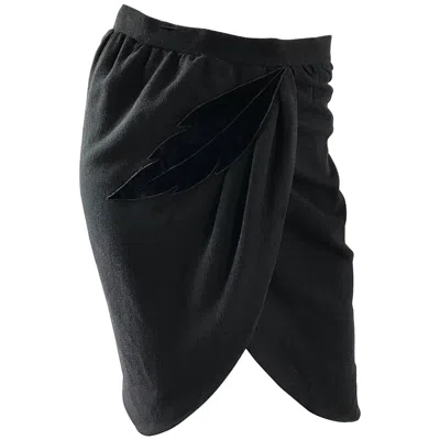 Pre-owned Valentino Vintage  Black Wool + Velvet Sz 4 Leaf Motif High Waisted Pencil Skirt
