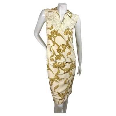 Pre-owned Valentino Vintage  Boutique Silk Blouse And Skirt Set With Lace Collar Us 4-6 In Sand