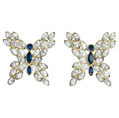 Pre-owned Valentino Garavani Vintage Valentino Gold Crystal Sapphire Blue Clip-on Earrings Circa 1990s