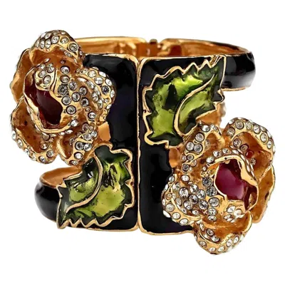 Pre-owned Valentino Garavani Vintage Valentino Intricate Flower Rhinestone Enamel Rigid Cuff Bracelet In Brown