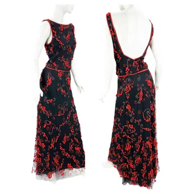 Pre-owned Valentino Vintage  Runway Ss 2000 Embroidered Beaded Silk Tulle Skirt Suit Us 8 In Black