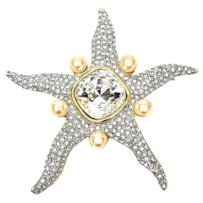Pre-owned Valentino Garavani Vintage Valentino Starfish Runway Brooch With Faux Pearl, Glass, Rhinestone 80's In Sand