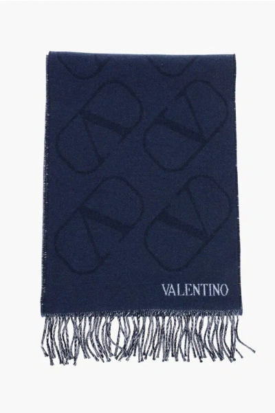 Valentino Virgin Wool And Cashmere Scarf With All-over Monogram And Fr