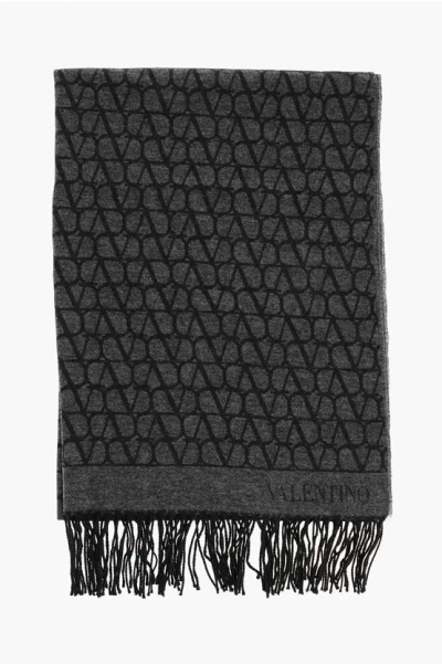 Valentino Virgin Wool And Cashmere Scarf With All-over Monogram And Fr