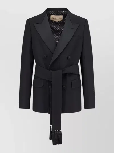 Valentino Virgin Wool Blazer Belted Double Breasted In Black