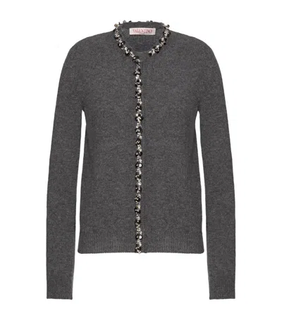 Valentino Wool Cardigan With Embroidered Trim In Grey