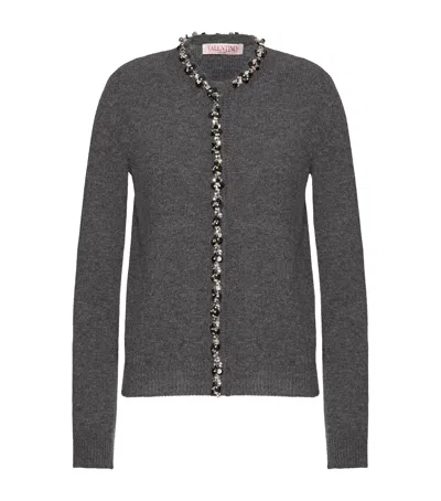 Valentino Wool Cardigan With Embroidered Trim In Grey