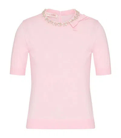 Valentino Crystal-embellished Fine-knit T-shirt In Lt Pink