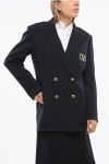 Valentino Virgin Wool Double Breasted Blazer With Metallic Monogram In Blue