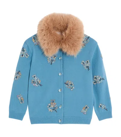 Valentino Floral Crystals Wool Cardigan In Celestial Blue