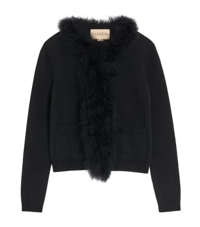 Valentino Virgin Wool Feather-trim Cardigan In Black