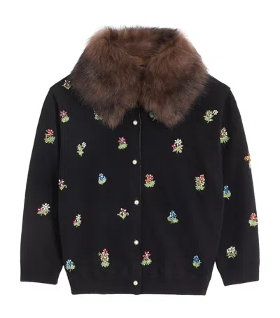 Valentino Virgin Wool Floral Cardigan In Nero