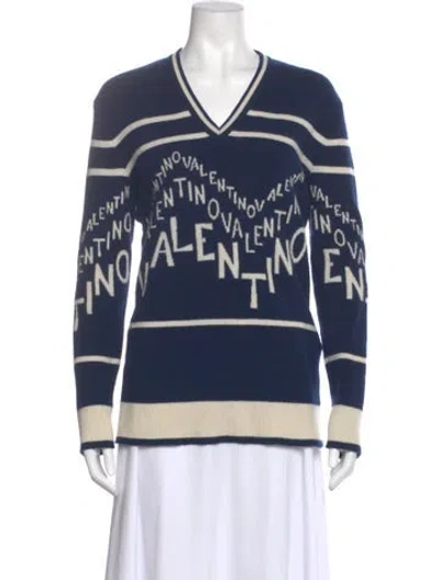 Pre-owned Valentino Virgin Wool Graphic Print Sweater In Blue