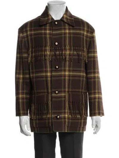 Pre-owned Valentino Virgin Wool Plaid Print Trucker Jacket In Brown