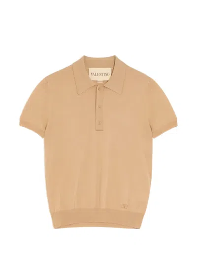 Valentino Virgin-wool Polo Shirt With Vlogo-embroidery In Neutral