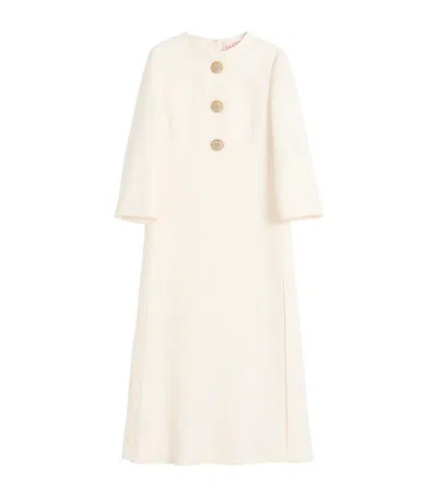 Valentino Quarter-sleeve Brooch Wool Midi Dress In Neutral