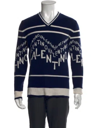 Pre-owned Valentino Virgin Wool Striped Cardigan In Blue