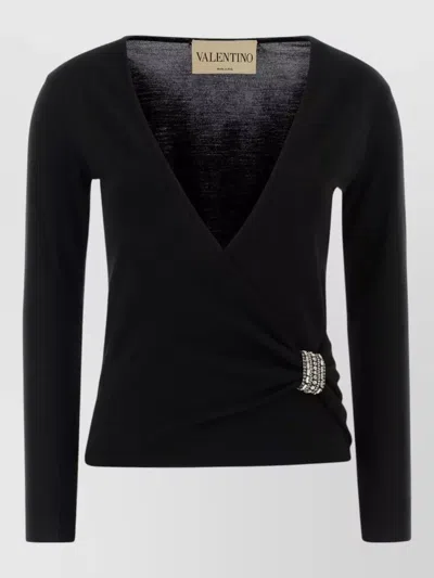 Valentino Garavani Ruffled Crew Neck Virgin Wool Sweater In Black