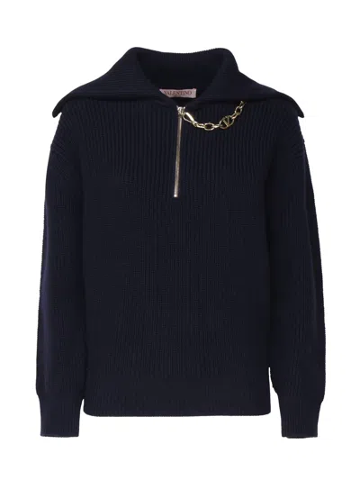 Valentino V-logo Chain Quarter-zip Rib Sweater In Navy