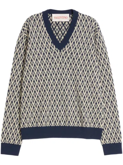 Valentino Wool Jumper With Toute La V Jacquard Pattern In Navycrema