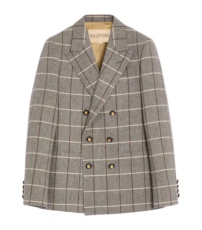 Valentino Virgin Wool Windowpane Check Double-breasted Blazer In Gray