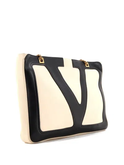 Pre-owned Valentino Garavani Viva Superstar Chain Leather Medium Tote Bag In White