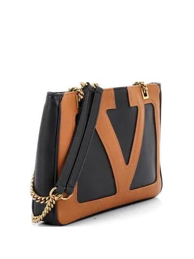 Pre-owned Valentino Garavani Viva Superstar Chain Leather Small Tote Bag In Black