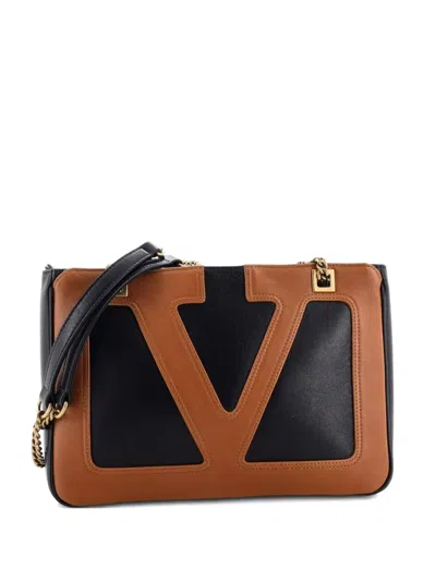 Pre-owned Valentino Garavani Viva Superstar Chain Leather Small Tote Bag In Brown