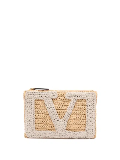 Valentino Garavani `viva Superstar Crochet` Medium Flat Pouch In Sand