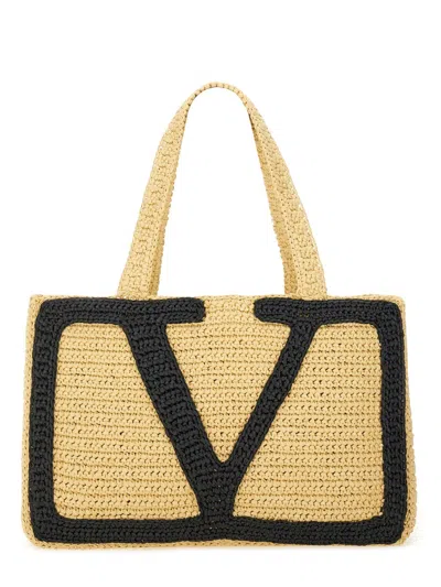 Valentino Garavani "viva Superstar" Large Raffia Shopping Bag In Sand