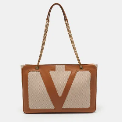 Pre-owned Valentino Garavani Viva Superstar Medium Tan Canvas And Leather Tote