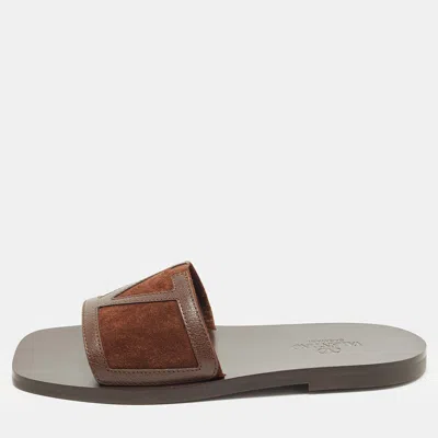 Pre-owned Valentino Garavani Viva Superstar Size 40.5 Dark Brown Leather And Suede Flat Slide