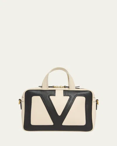 Valentino Garavani Viva Superstar Small Vlogo Leather Duffle Top-handle Bag In Butter White Nero