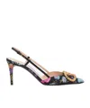 Valentino Floral Print Stiletto Heels With Gold Embellishment In Black