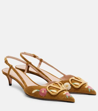 Valentino Garavani Vlogo 40 Embroidered Suede Slingback Pumps In Brown