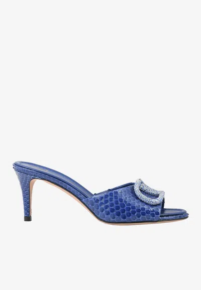 Valentino Garavani Vlogo 70 Crystal Buckle Mules In Elaphe Leather In Blue