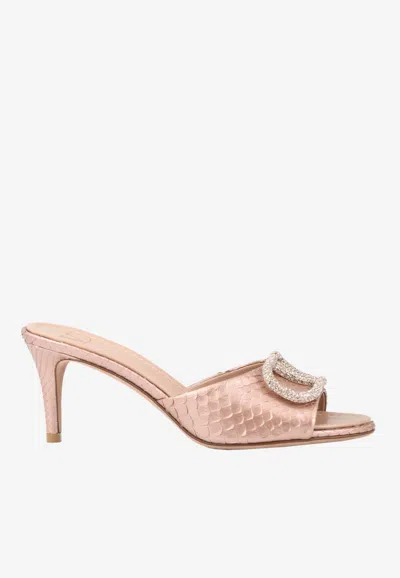 Valentino Garavani Vlogo 70 Crystal Buckle Mules In Elaphe Leather In Blush