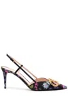 Valentino Floral Print Stiletto Heels With Gold Embellishment In Black